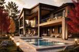 Experience luxury living in this stunning modern home, featuring a sleek design with natural wood and stone accents.