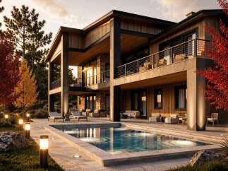 Experience luxury living in this stunning modern home, featuring a sleek design with natural wood and stone accents.