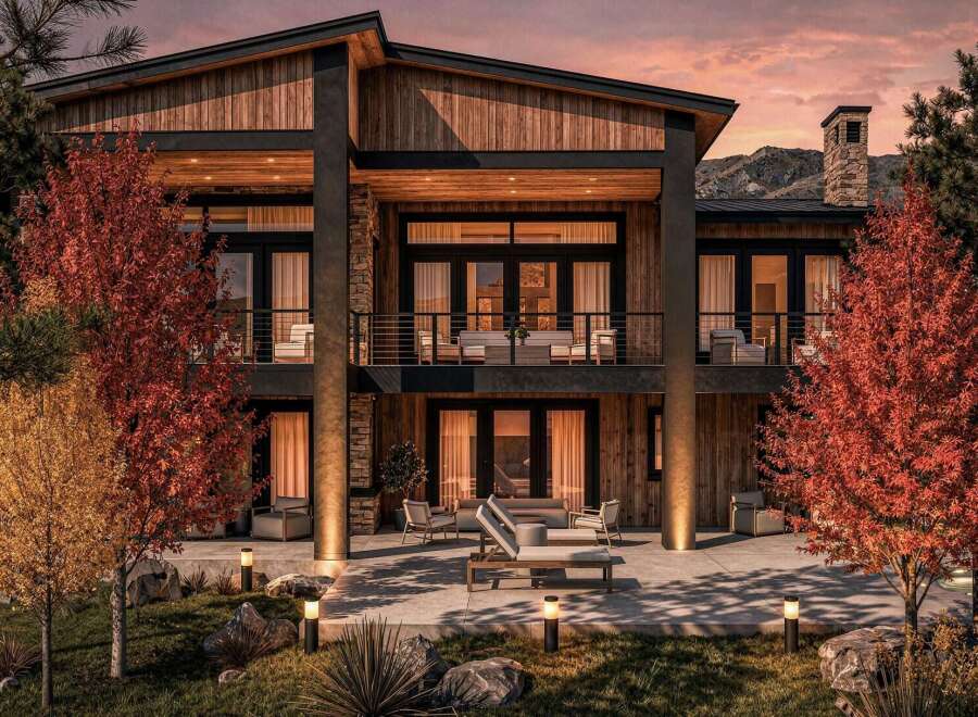 Experience luxury mountain living in this stunning modern home, featuring a striking wood and stone exterior that blends seamlessly with the natural landscape.
