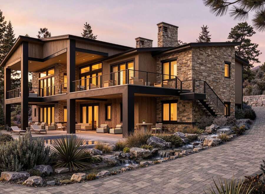 Experience luxury living in this stunning modern home, featuring a striking combination of stone and wood accents.