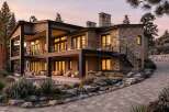 Experience luxury living in this stunning modern home, featuring a striking combination of stone and wood accents.