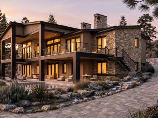 Experience luxury living in this stunning modern home, featuring a striking combination of stone and wood accents.