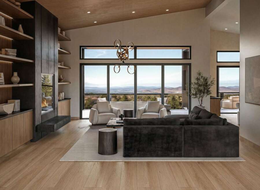 Experience breathtaking panoramic views from this stunning modern living room, featuring a sleek fireplace and expansive floor-to-ceiling windows.