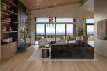 Experience breathtaking panoramic views from this stunning modern living room, featuring a sleek fireplace and expansive floor-to-ceiling windows.
