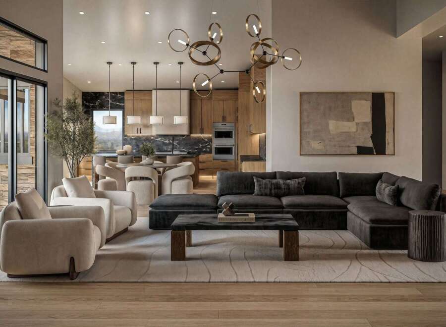 Experience modern luxury in this open-concept living space, featuring a spacious sectional sofa, elegant armchairs, and a striking abstract art piece.