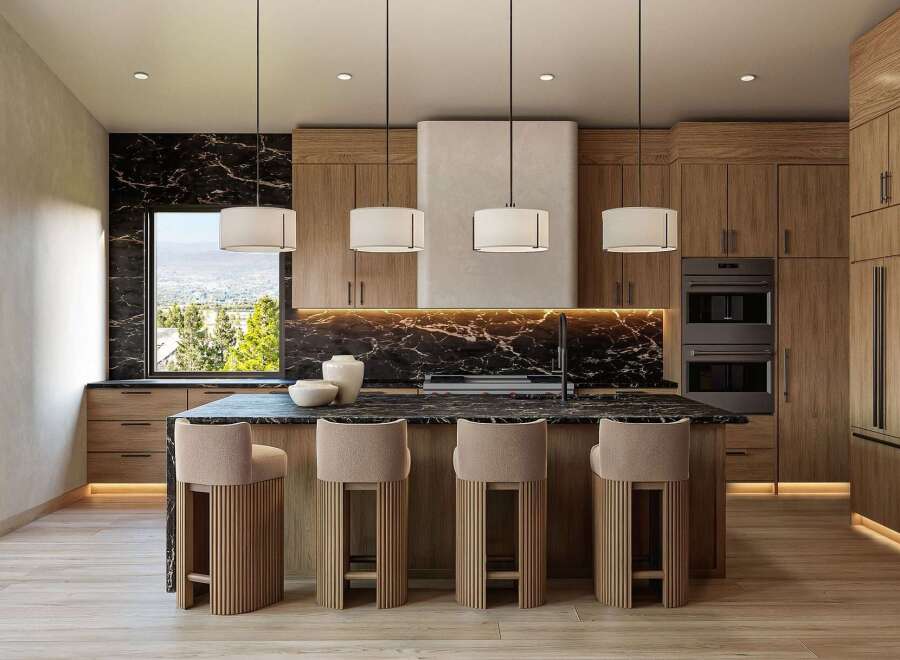 Experience luxury in this modern kitchen featuring a sleek black marble island and backsplash, complemented by warm wood cabinetry.