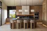 Experience luxury in this modern kitchen featuring a sleek black marble island and backsplash, complemented by warm wood cabinetry.