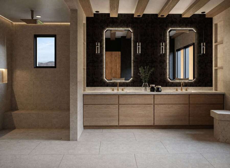 Experience modern luxury in this stunning bathroom, featuring a spacious walk-in shower with a built-in bench and a small window offering scenic views.