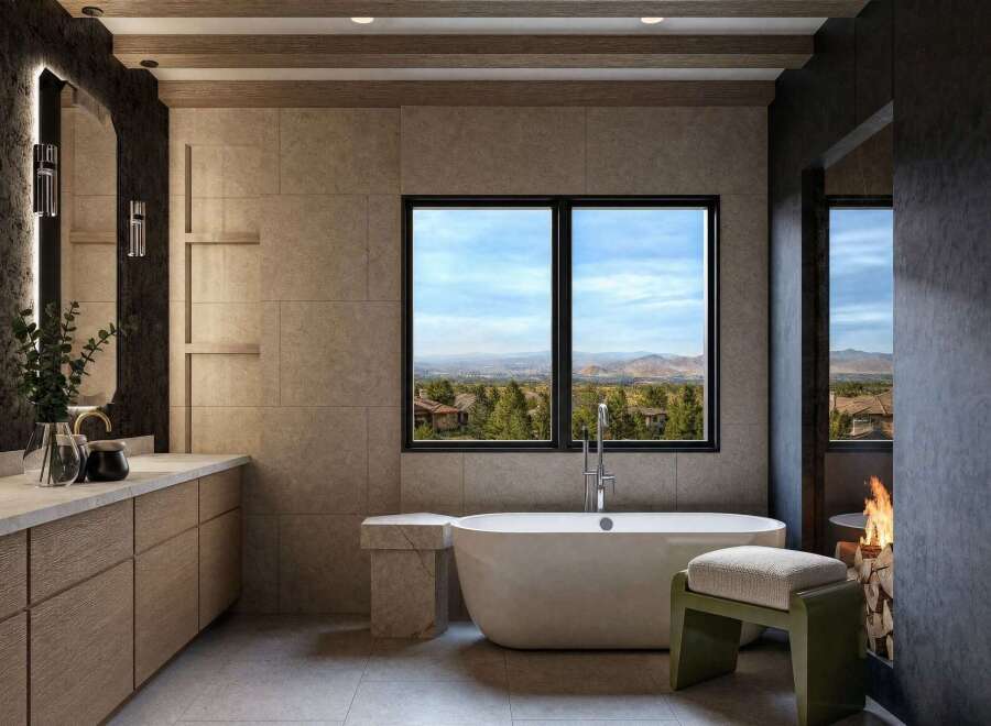 Experience luxury and tranquility in this stunning bathroom, featuring a freestanding soaking tub with breathtaking panoramic views of the surrounding landscape.