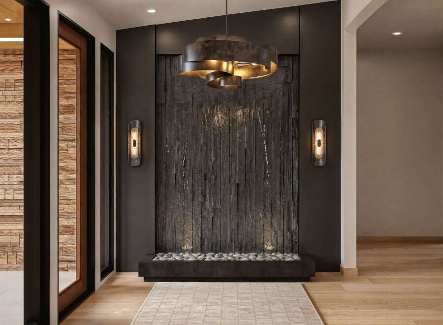 Step into a modern entryway featuring a striking dark wood waterfall feature, complemented by elegant wall sconces and a unique pendant light.