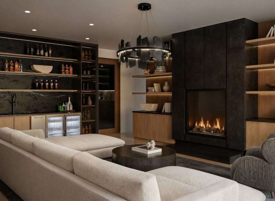 Experience luxury living in this modern lounge, featuring a fully stocked bar with dual beverage refrigerators and extensive shelving for your collection.