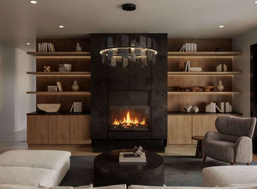Experience modern luxury in this stunning living room, featuring a sleek fireplace as the centerpiece, flanked by elegant built-in shelving.