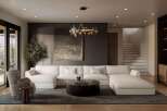 Experience modern luxury in this spacious living room, featuring a plush, sectional sofa and a striking contemporary chandelier.