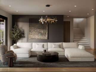 Experience modern luxury in this spacious living room, featuring a plush, sectional sofa and a striking contemporary chandelier.