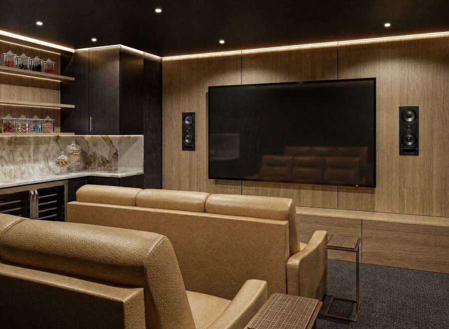 Experience cinematic luxury in this modern home theater, featuring plush leather seating and a large screen for an immersive viewing experience.