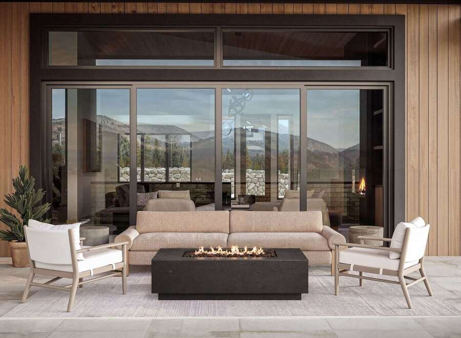 Experience luxurious outdoor living with this stunning patio setup, featuring a modern gas fire pit as the centerpiece.