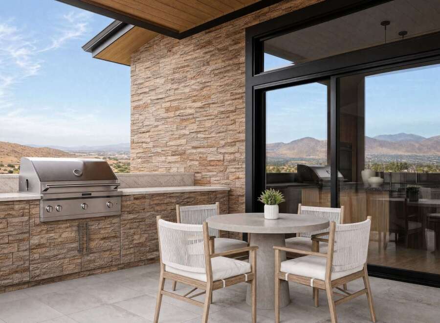 Experience luxury outdoor living with this stunning patio featuring a built-in grill and spacious countertop.