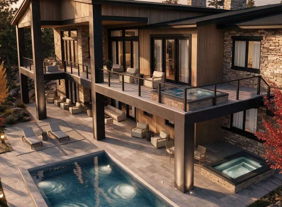 Experience luxury living with this stunning modern home featuring a private swimming pool and multiple hot tubs, perfect for relaxation and entertainment.