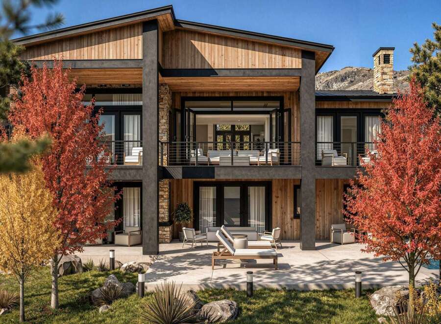 Experience luxury living in this modern mountain home, featuring a striking blend of natural wood and stone accents.