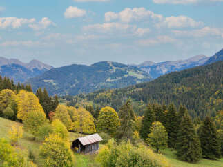 Discover this charming rustic cabin nestled amidst the vibrant autumn foliage of the mountains.