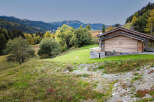 Experience the charm of this rustic wooden chalet nestled in a picturesque mountain landscape.