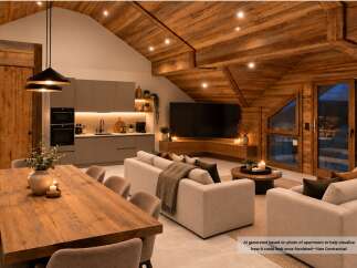 Experience luxurious mountain living in this stunning apartment, featuring a vaulted wooden ceiling and exposed beams that create a warm, alpine ambiance.