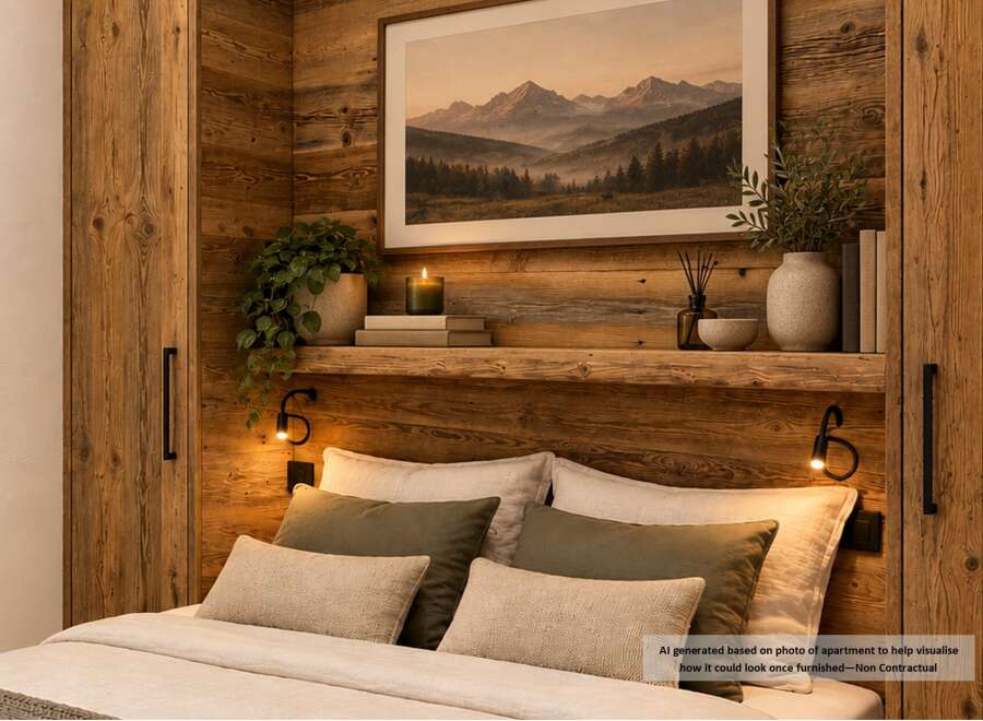 Experience rustic charm and modern comfort in this beautifully furnished bedroom.