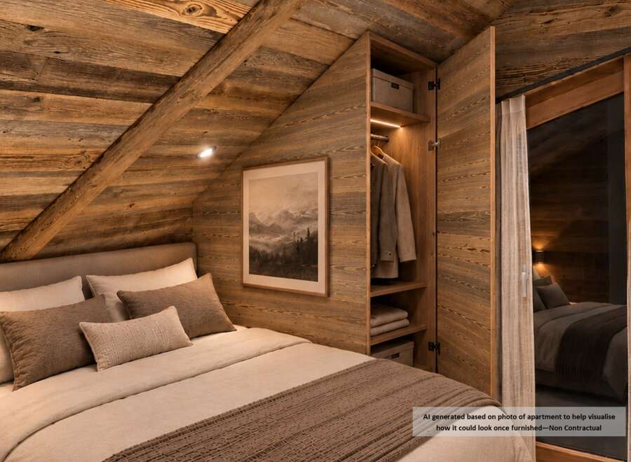 Experience rustic charm in this beautifully appointed bedroom, featuring a cozy bed adorned with plush pillows and a warm, textured throw.