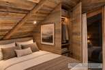 Experience rustic charm in this beautifully appointed bedroom, featuring a cozy bed adorned with plush pillows and a warm, textured throw.