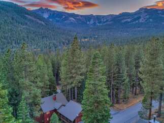 Nestled amidst a dense forest of towering pine trees, this charming red cabin offers a serene mountain retreat.