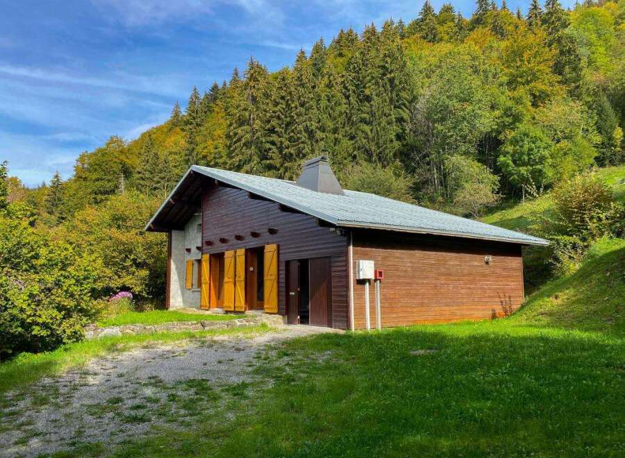 Discover this charming wooden cabin nestled amidst a lush, green forest, perfect for a serene getaway.