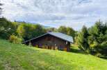 Nestled amidst lush greenery and rolling hills, this charming wooden chalet offers a serene mountain retreat.