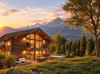 Experience luxury mountain living in this stunning wooden chalet, featuring expansive windows that capture breathtaking sunset views of snow-capped peaks.