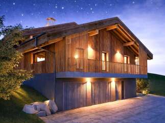 Experience luxury living in this stunning modern chalet, nestled under a starry night sky.