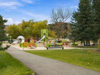 Discover a vibrant community park featuring a modern playground with colorful slides, climbing structures, and swings, perfect for family fun.