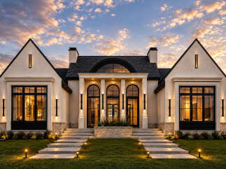 Experience luxury living in this stunning modern home, featuring a grand entrance with arched glass doors and a striking arched window above.