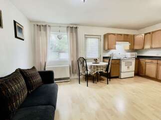 This cozy studio apartment features a combined living and kitchen area, perfect for efficient living.