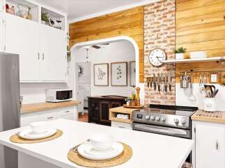 This charming kitchen boasts a rustic farmhouse aesthetic with exposed brick and warm wood paneling.