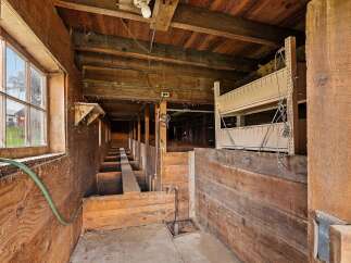 Step into this rustic barn, featuring a charming wooden interior with exposed beams and a large window offering a glimpse of the outdoors.