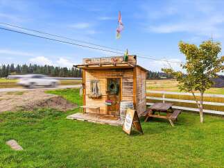 Discover fresh, local produce at this charming roadside farm stand, complete with a 'Farm Store' sign and a welcoming wreath on the door.