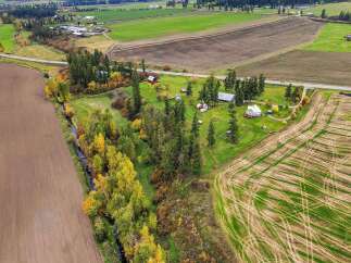 Discover this charming rural property featuring a picturesque farmhouse and several outbuildings, nestled amidst vibrant autumn foliage.