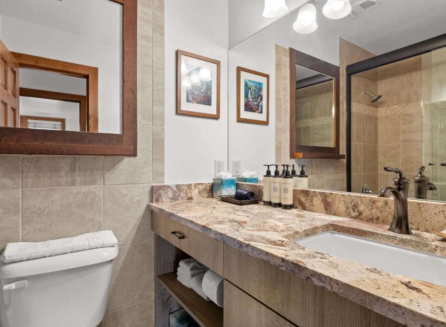 This luxurious bathroom features a spacious vanity with a granite countertop and a modern undermount sink.