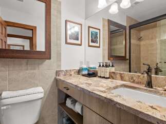 This luxurious bathroom features a spacious vanity with a granite countertop and a modern undermount sink.