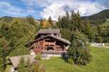 Nestled amidst lush greenery and towering trees, this magnificent wooden chalet offers a serene mountain retreat.