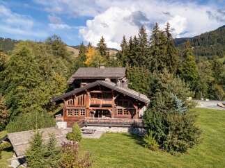 Nestled amidst lush greenery and towering trees, this magnificent wooden chalet offers a serene mountain retreat.