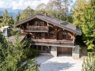Experience the charm of this rustic wooden chalet nestled amidst lush greenery and majestic mountains.