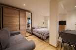 This modern studio apartment features a comfortable grey sofa and a spacious wooden wardrobe with mirrored doors.