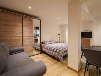 This modern studio apartment features a comfortable grey sofa and a spacious wooden wardrobe with mirrored doors.