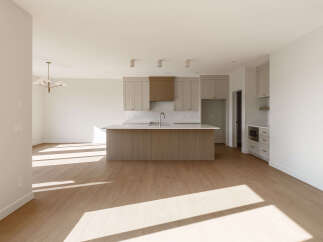Discover this stunning, modern kitchen featuring a spacious island with a waterfall countertop, perfect for meal prep and entertaining.