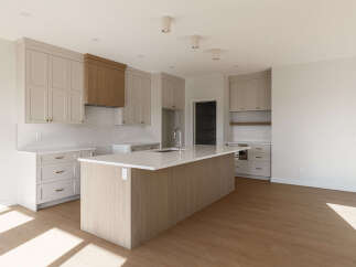 This modern kitchen boasts a spacious island with a built-in sink, perfect for meal preparation and casual dining.